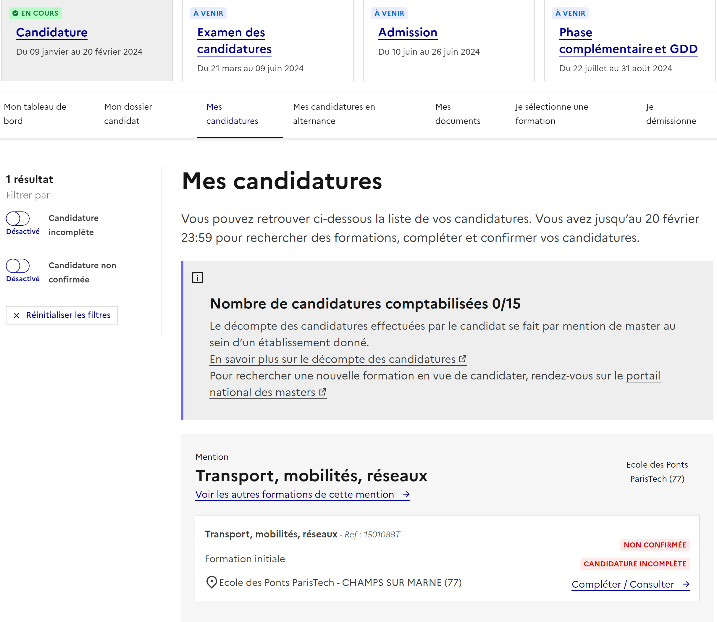 Onglet "Mes candidatures" : mise en page d'une formation candidatable.