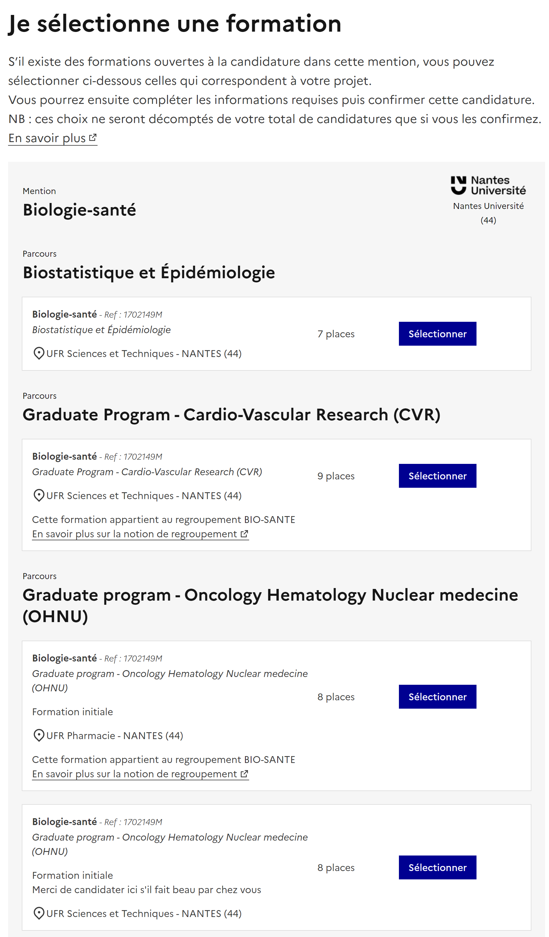 Liste des formations candidatables de la mention "Biologie-santé" de Nantes Université, avec le bouton "Sélectionner".