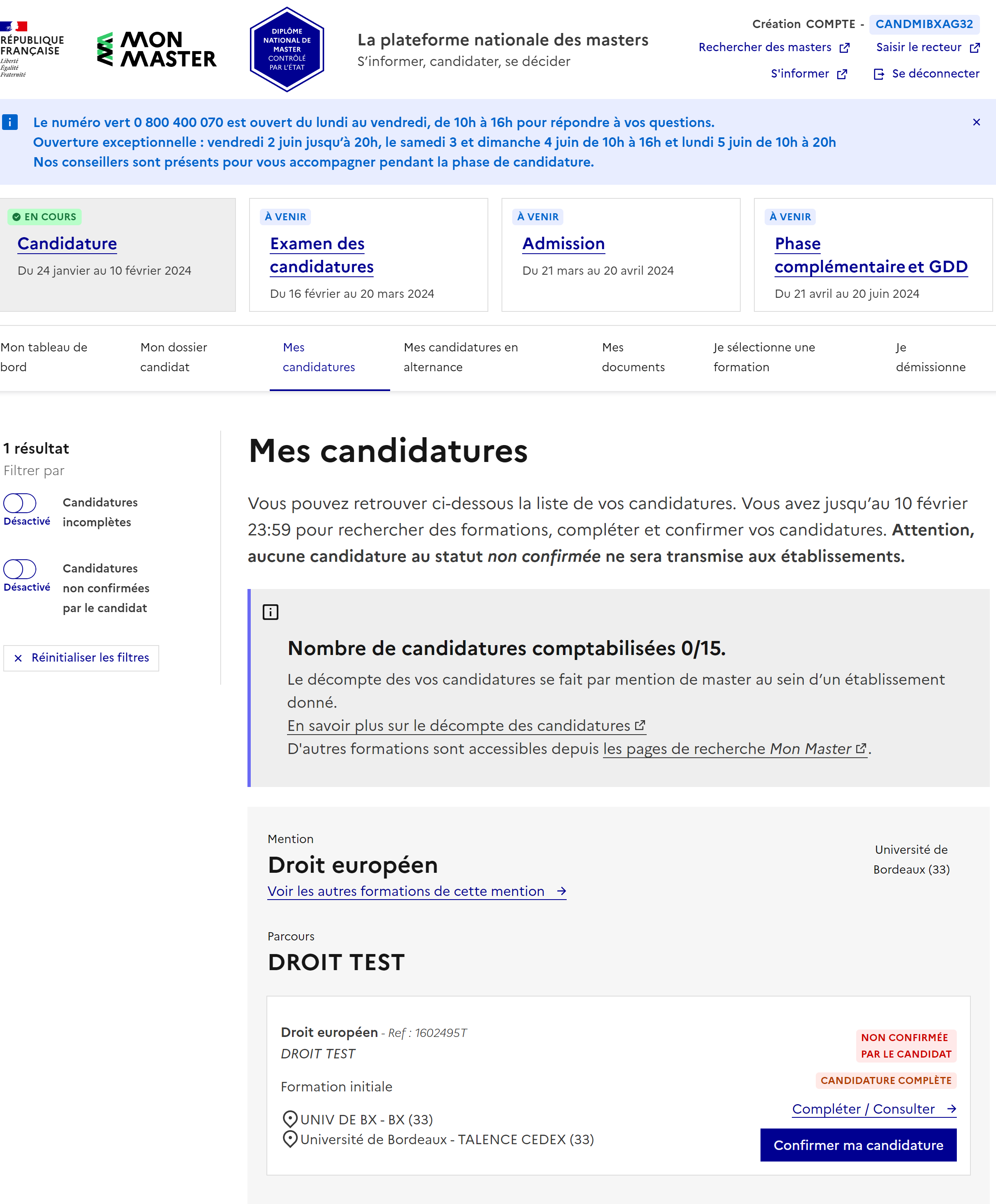 Onglet "Mes candidatures" : candidature confirmable présentant le bouton "Confirmer ma candidature".