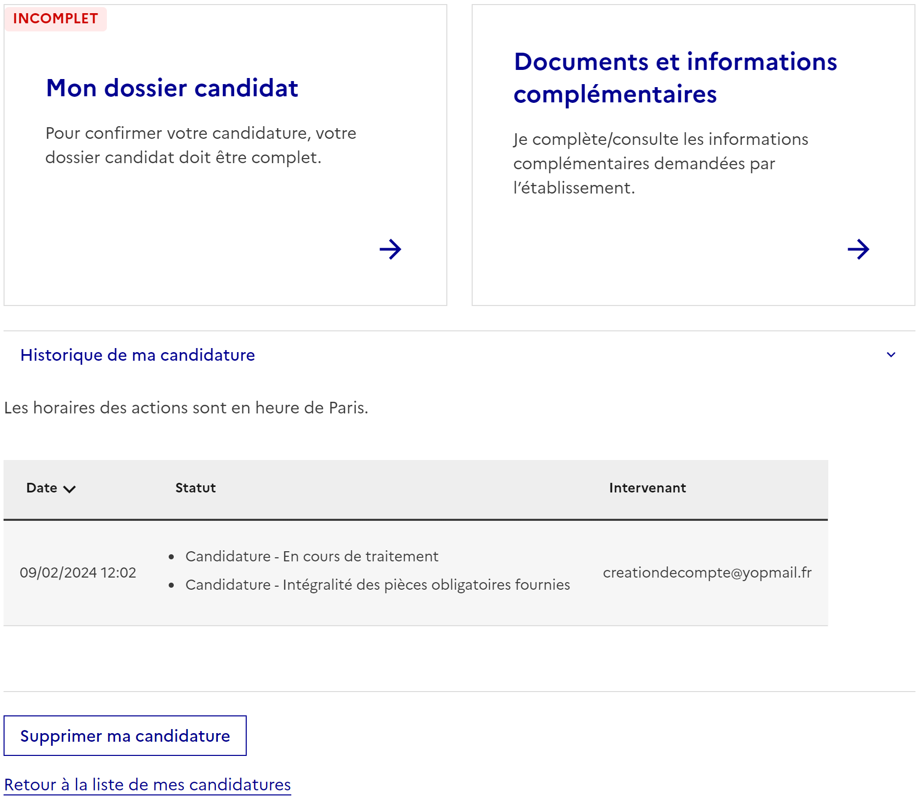 Détail de la candidature : liens "Mon dossier candidat", "Documents et informations complémentaires", historique.
